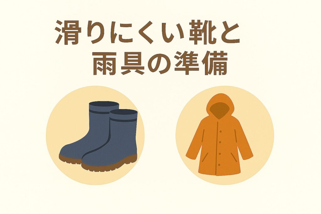 滑りにくい靴と雨具の準備