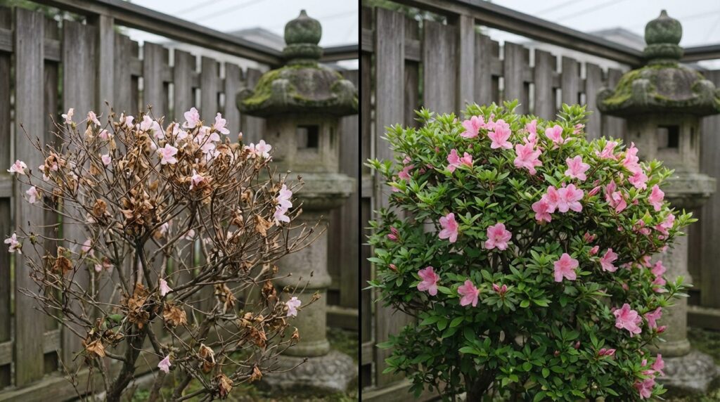 寒肥の効果 - 施肥前後のツツジの比較(※イメージです)
