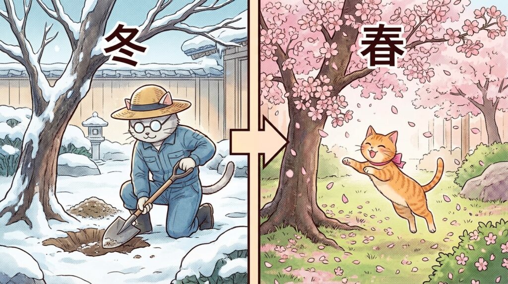 冬の準備から春の花へ - 松之助と松葉