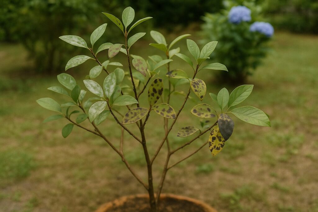 害虫被害を受けた庭木の写真