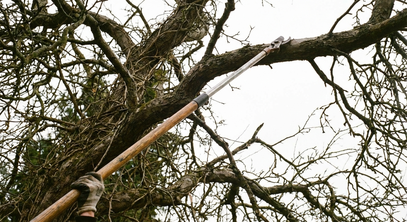 太い枝を切ろうとする様子 高枝切りバサミ 御庭番.com