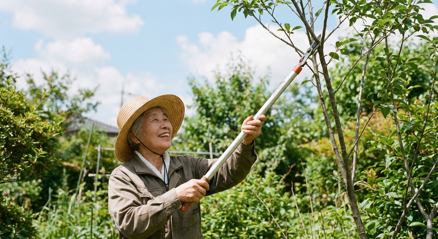高枝切りバサミを安全に使うシニア女性 御庭番.com