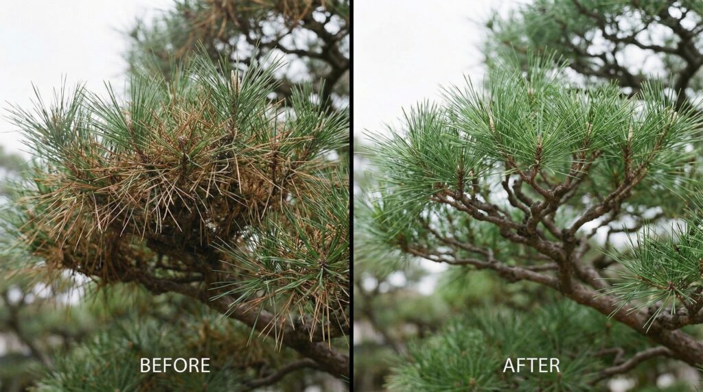 松のもみあげ剪定 ビフォーアフター比較写真 作業前と作業後の違い