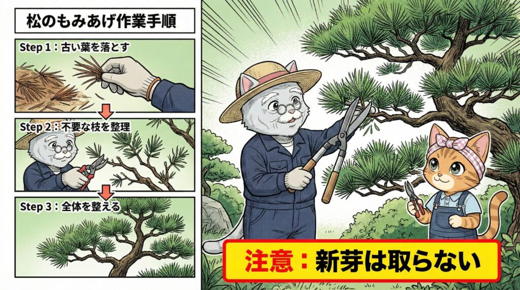松のもみあげ作業手順の解説イラスト 古い葉を手で取り除く剪定方法