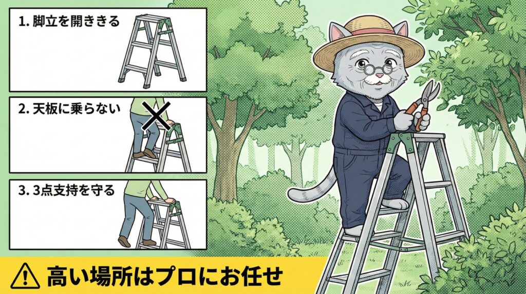 脚立の安全ルール:天板に乗らない・家族に見守ってもらう・ヘルメット着用