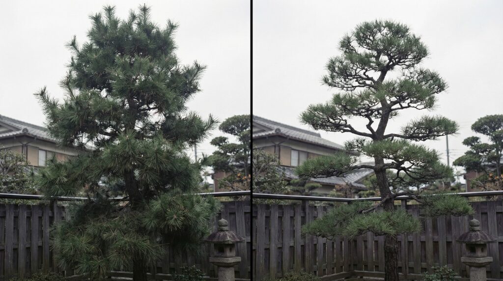 プロが高い木を安全に剪定している様子