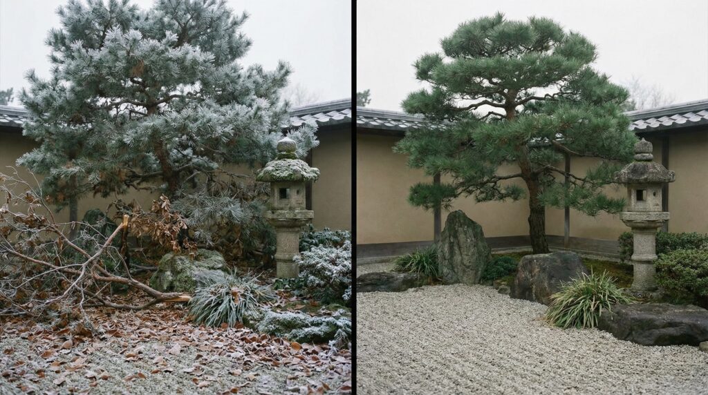 年末の庭仕事チェックリスト。優先度別に玄関掃除、落ち葉掃除、剪定などを表示