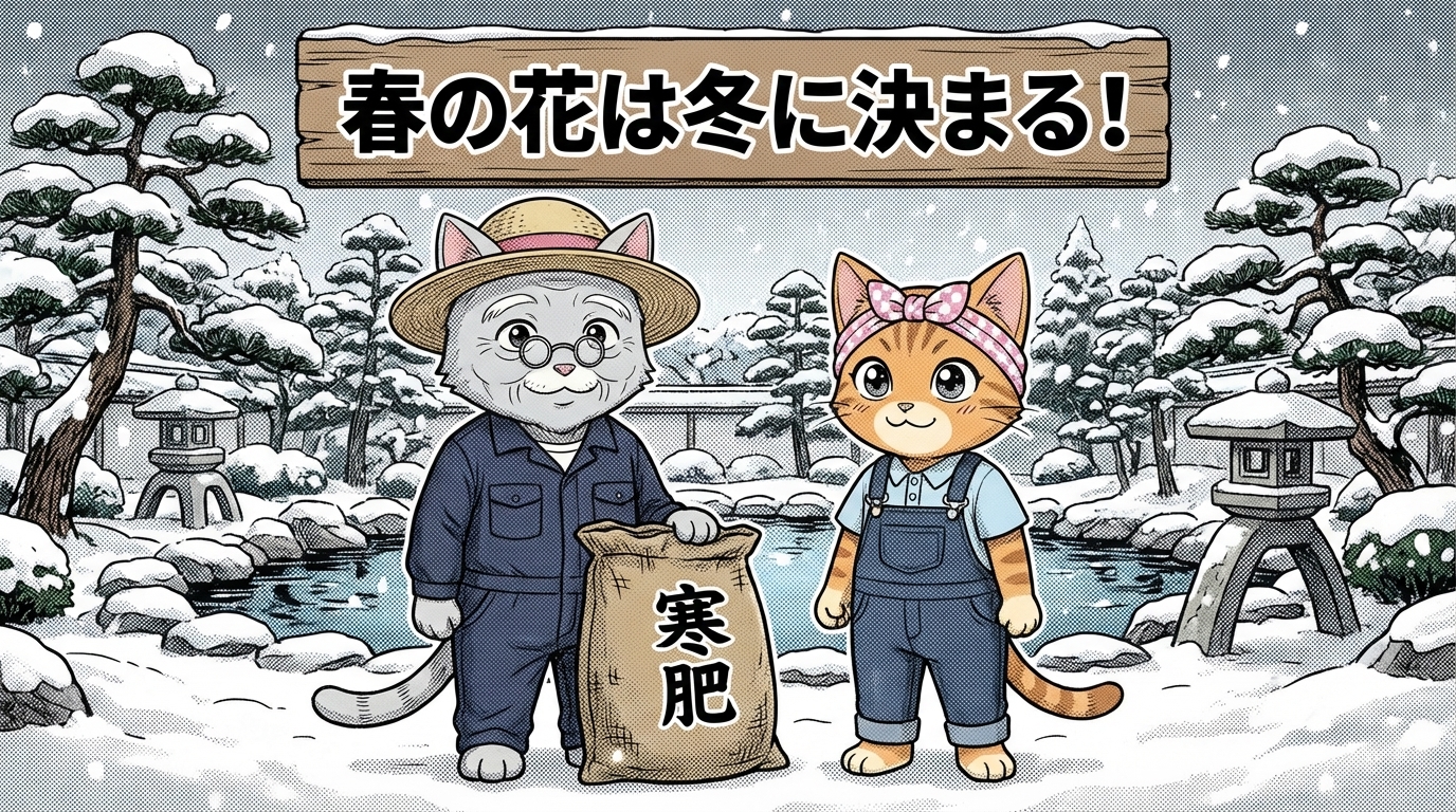 寒肥についての4コマ漫画 - 松之助と松葉