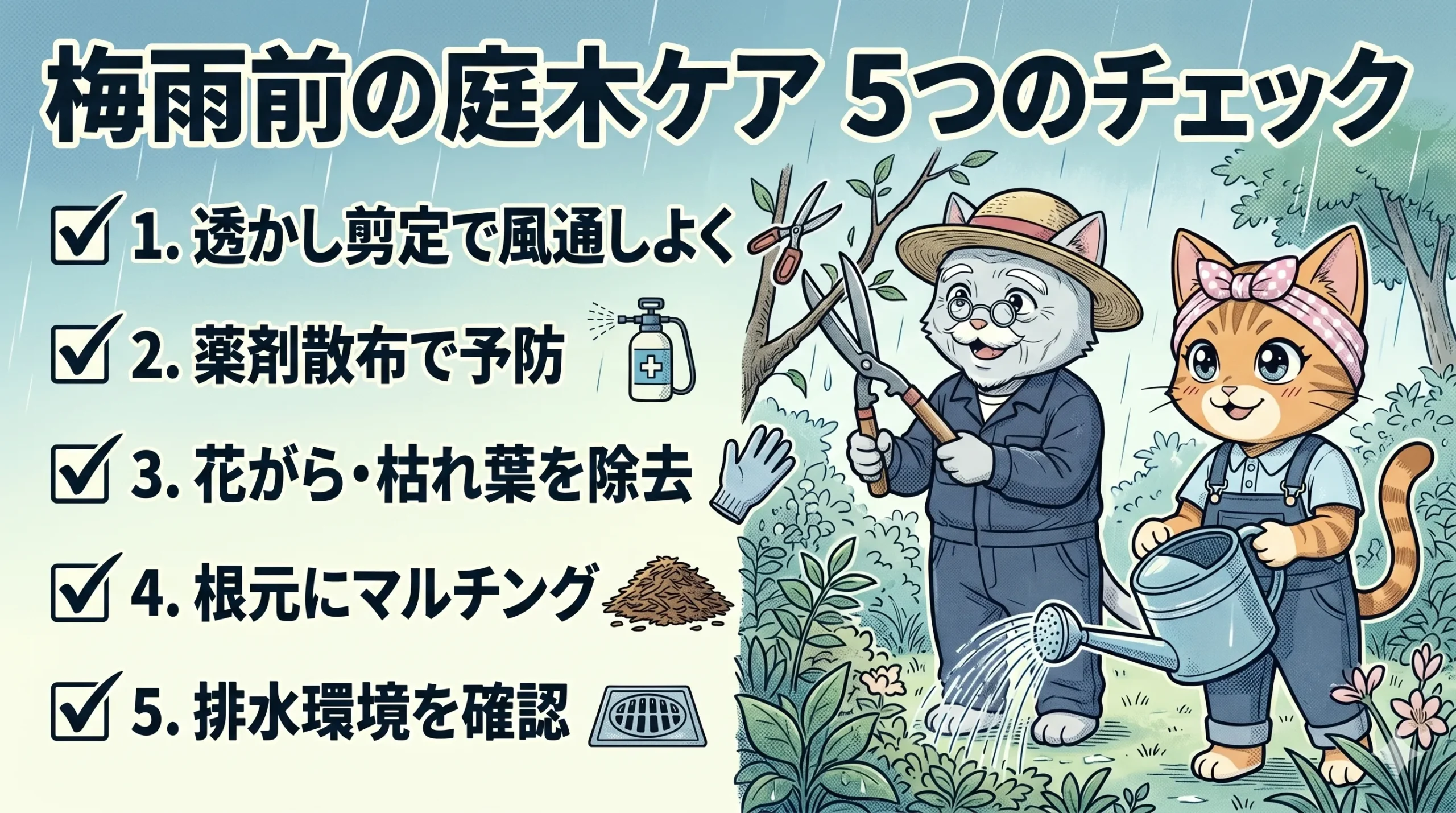 梅雨前にやるべき5つの庭木ケアのインフォグラフィック