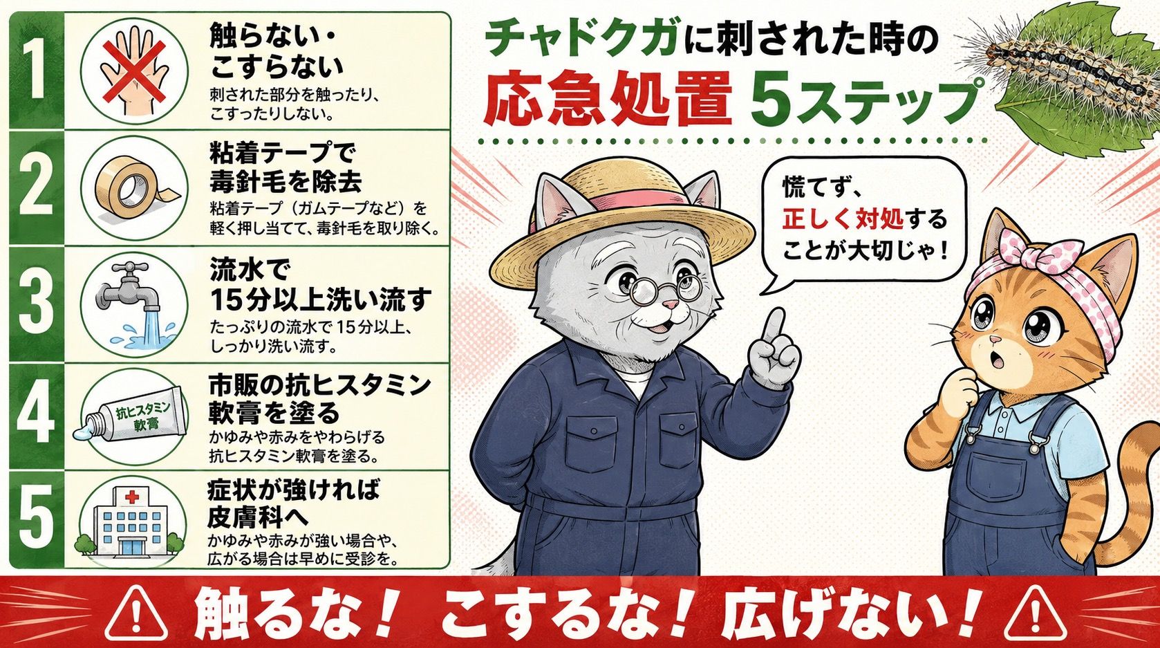 チャドクガに刺された時の応急処置5ステップ：触らない・粘着テープで除去・流水で洗浄・抗ヒスタミン軟膏・症状が強ければ皮膚科へ