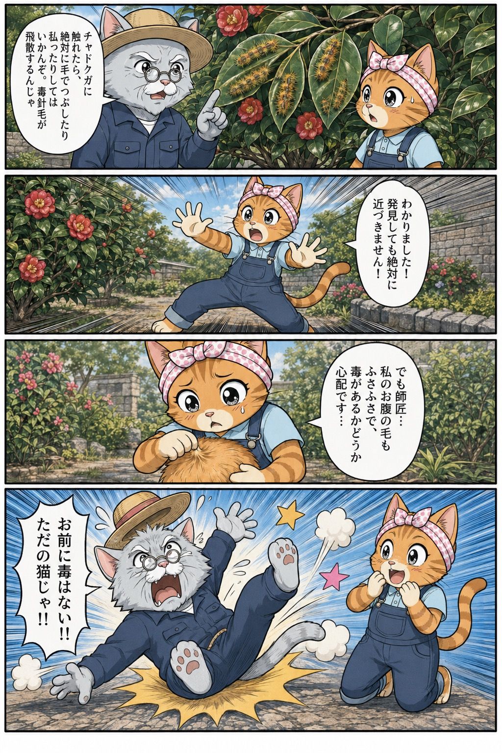4コマ漫画：松之助がチャドクガに触れてはいけないと警告するも、松葉が自分のお腹の毛を心配し「お前に毒はない！！ただの猫じゃ！！」とツッコまれる