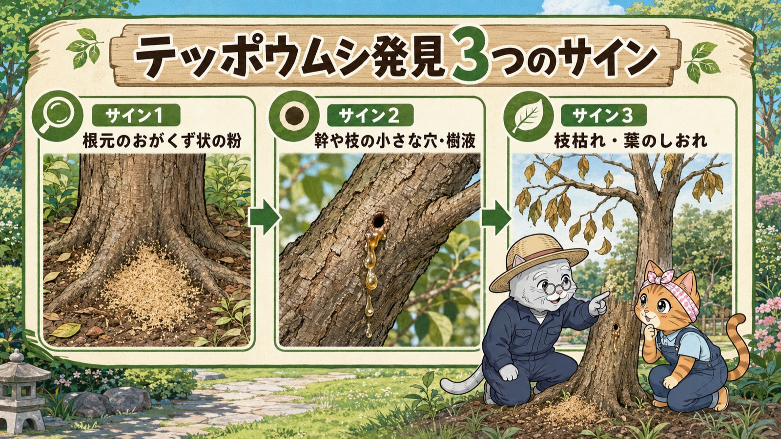 テッポウムシ発見の3つのサイン：根元のおがくず状の粉（フラス）・幹の小さな穴・枝枯れと樹勢の衰え
