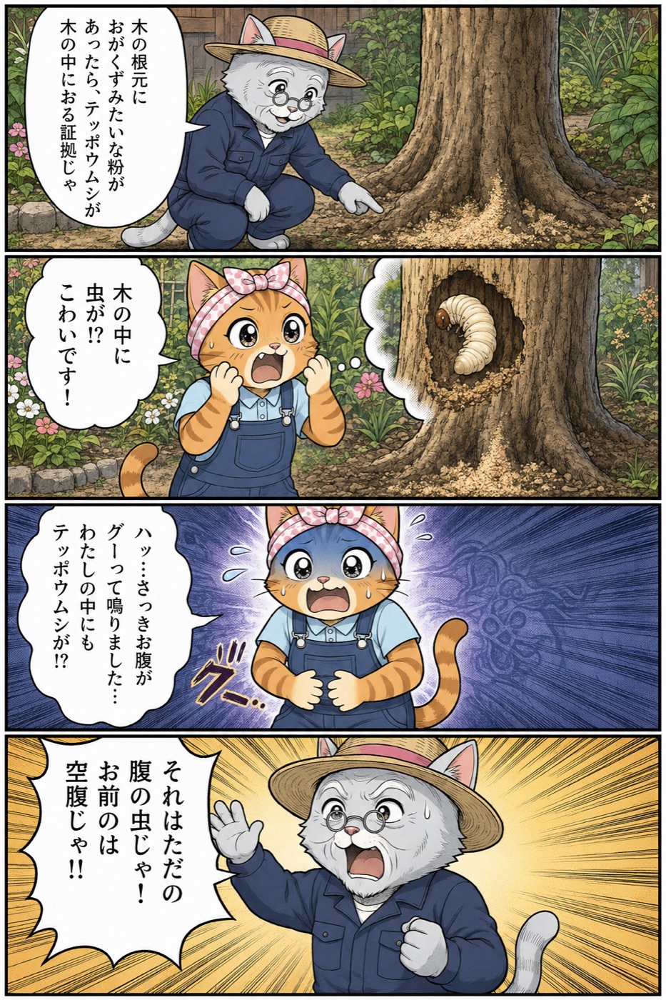 4コマ漫画：根元のおがくずは木の中に虫がいる証拠と松之助が説明、松葉が自分のお腹の音を聞いて虫がいるかもと慌て、松之助が「それはただの腹の虫じゃ！」とツッコむ