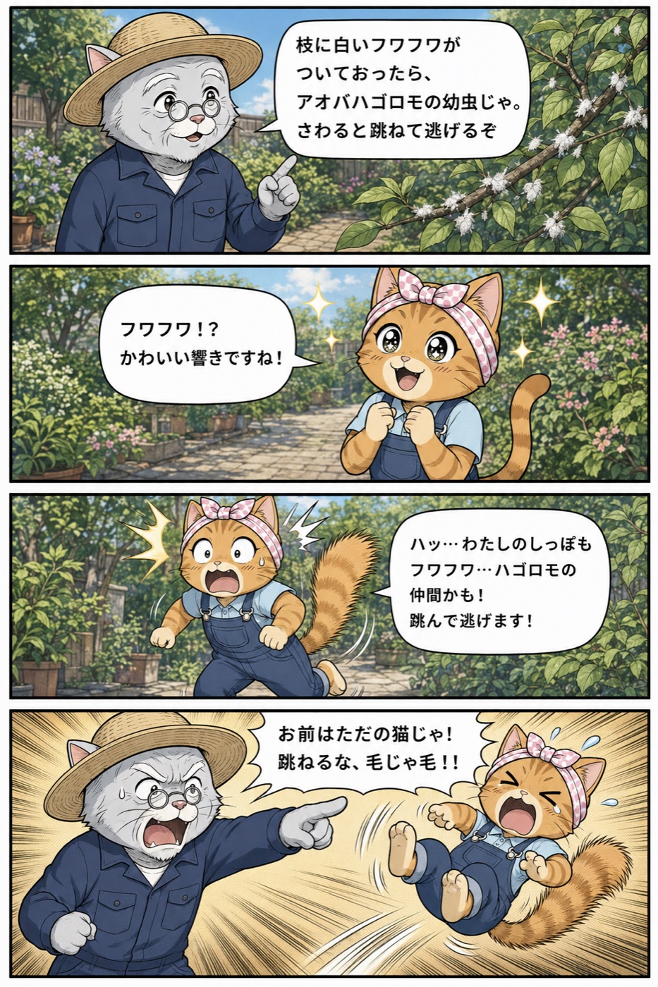 4コマ漫画：松之助が白いフワフワはハゴロモの幼虫で触ると跳ねると説明、松葉が自分のフワフワのしっぽを見て仲間かもと跳ね、松之助が「お前はただの猫じゃ！」とツッコむ