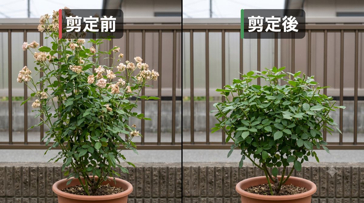 バラの夏剪定の剪定前と剪定後：伸びて株姿が乱れたバラを、外芽の上で高さ3分の1ほど切り戻してコンパクトに整える