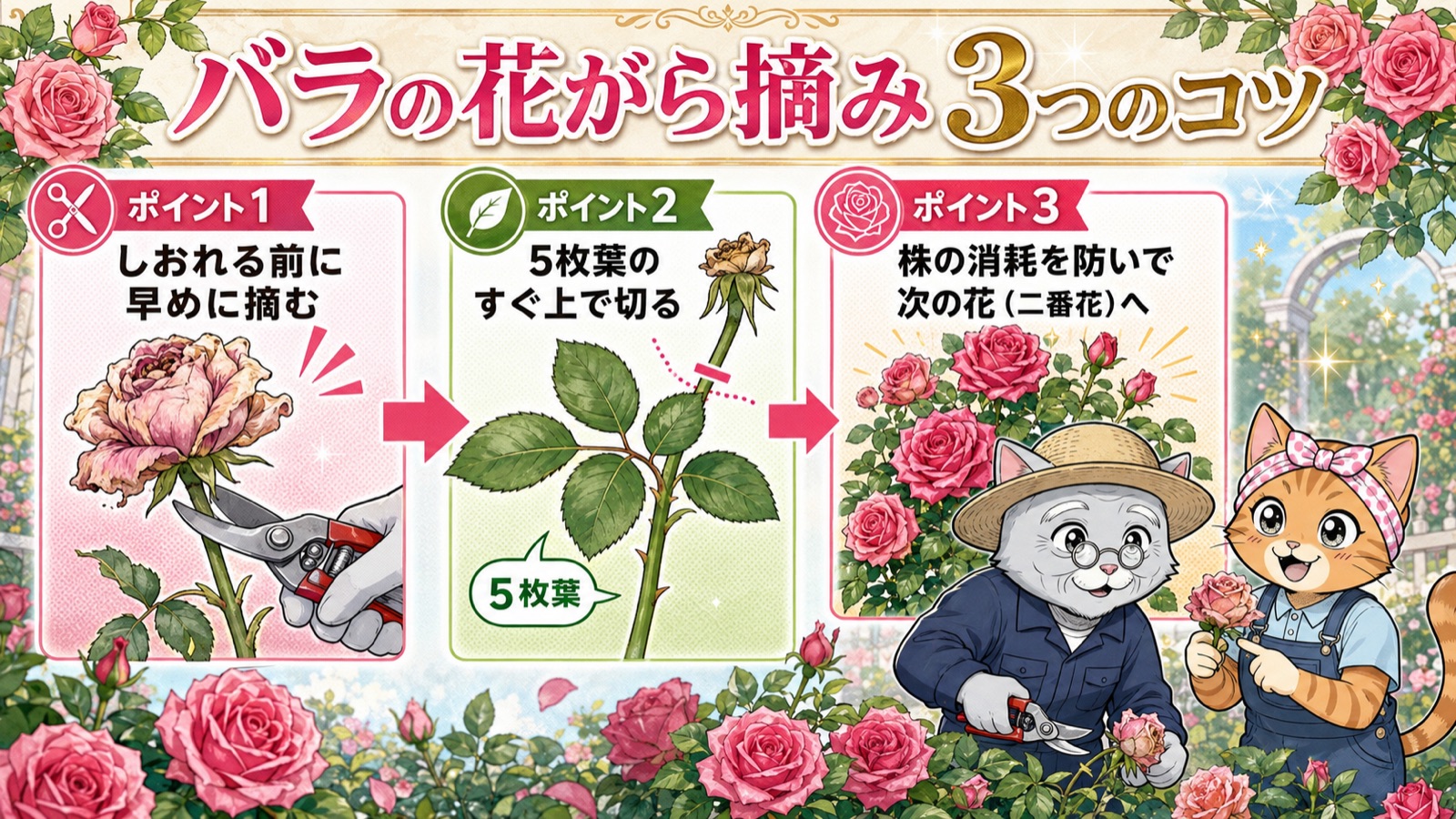バラの花がら摘み3つのポイント：しおれる前に摘む・5枚葉の上で切る・株の消耗を防いで次の花へ