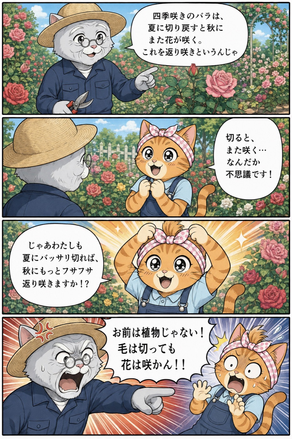 4コマ漫画：松之助が四季咲きバラは夏に切り戻すと秋に返り咲くと説明、松葉が自分も毛を切れば秋にフサフサ返り咲くか聞き、松之助が「お前は植物じゃない！」とツッコむ