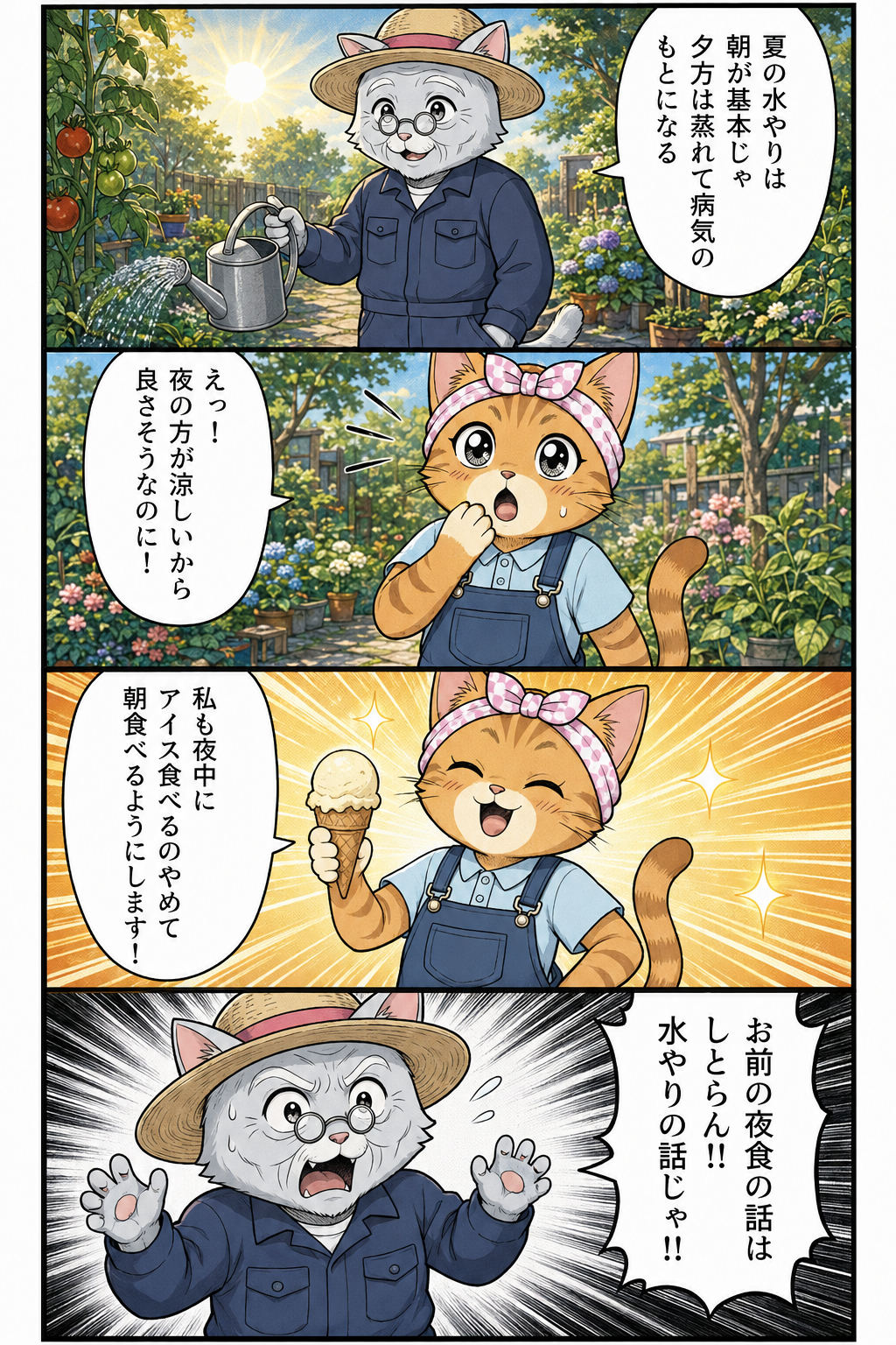 夏の水やりは朝が正解と教える4コマ漫画（松葉と松之助）
