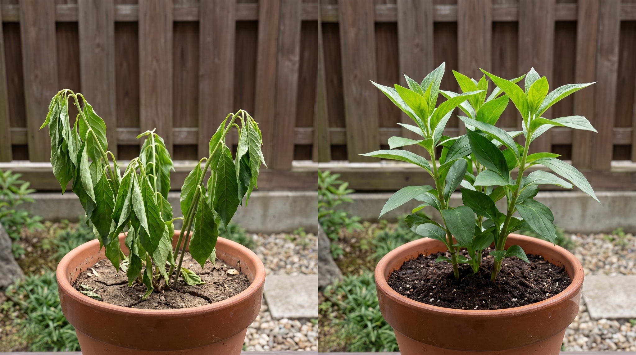 暑さでしおれた鉢植えと朝の水やりで回復した鉢植えの比較
