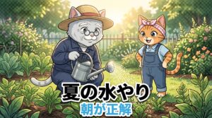 夏の朝、庭木に水やりをする松之助と松葉