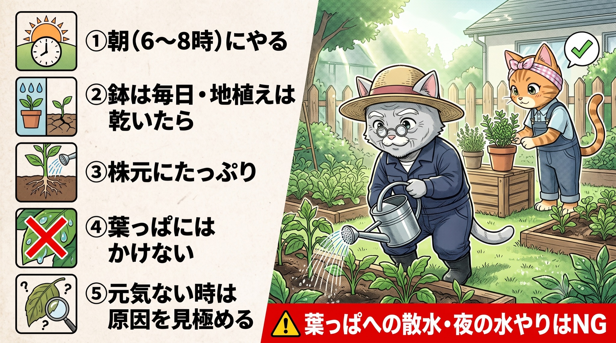 夏の水やり5つのルールを図解したインフォグラフィック