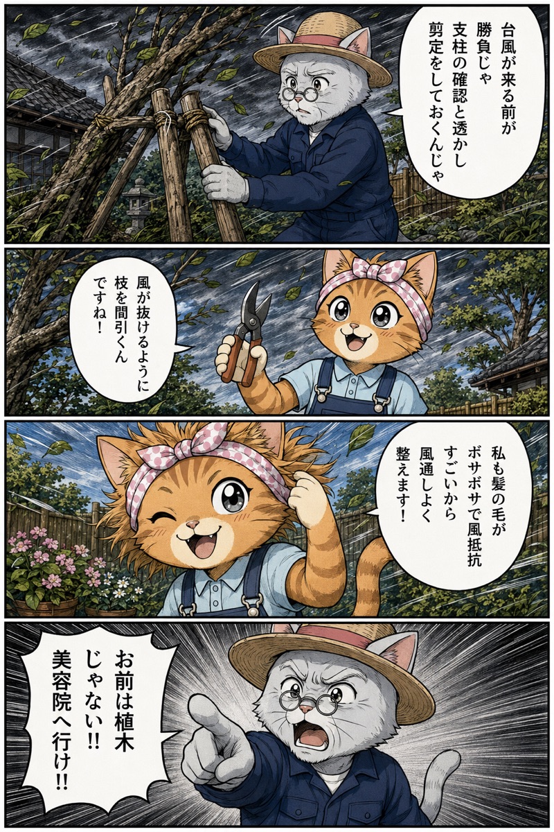 4コマ漫画：台風前の庭木対策を松之助と松葉が解説