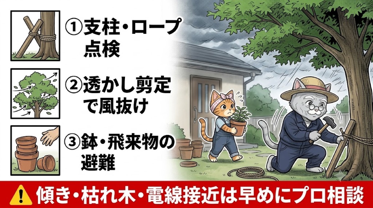 台風前チェック3点：支柱・ロープ点検、透かし剪定、鉢の避難を図解したイラスト