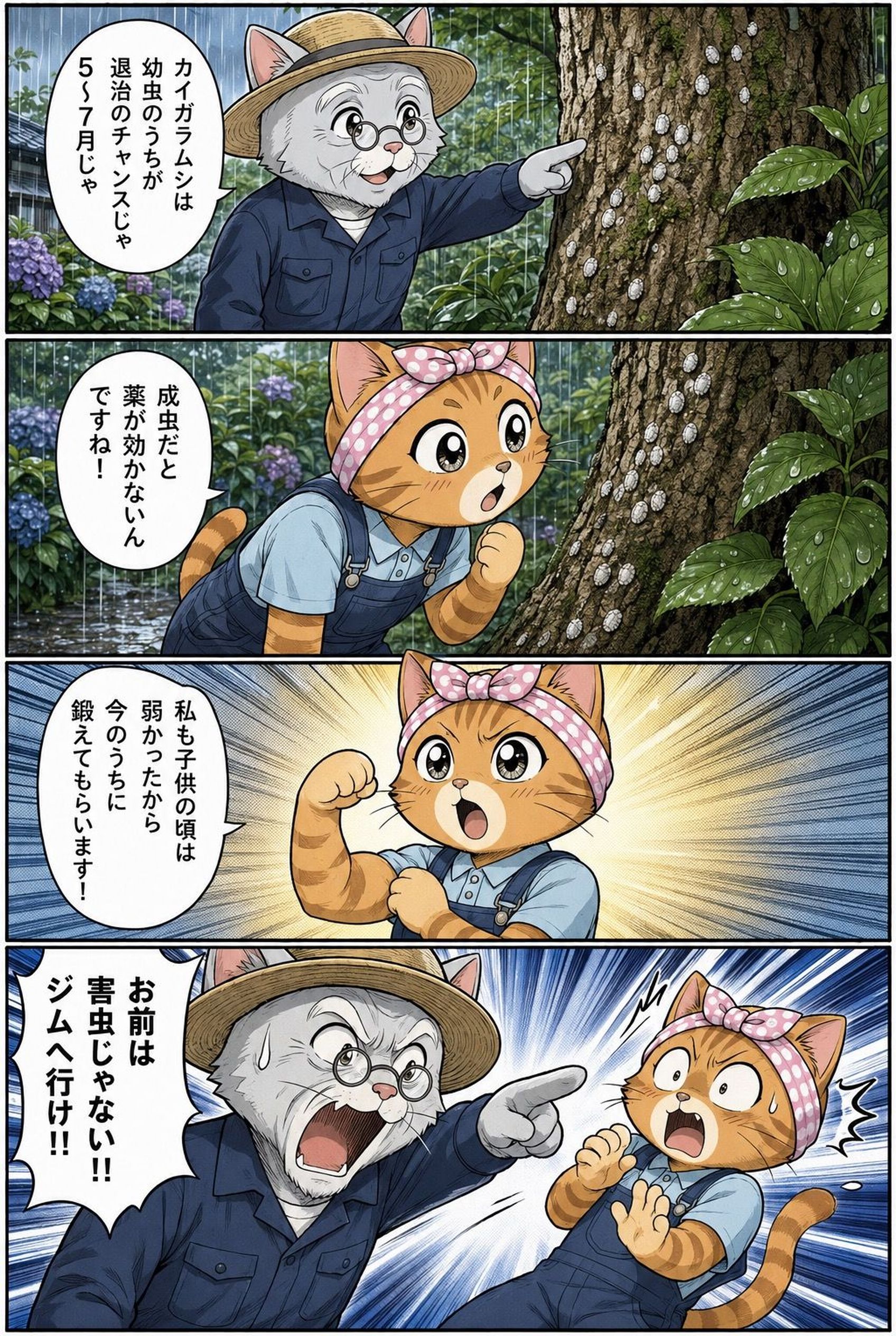 4コマ漫画：カイガラムシの駆除時期を松之助と松葉が解説