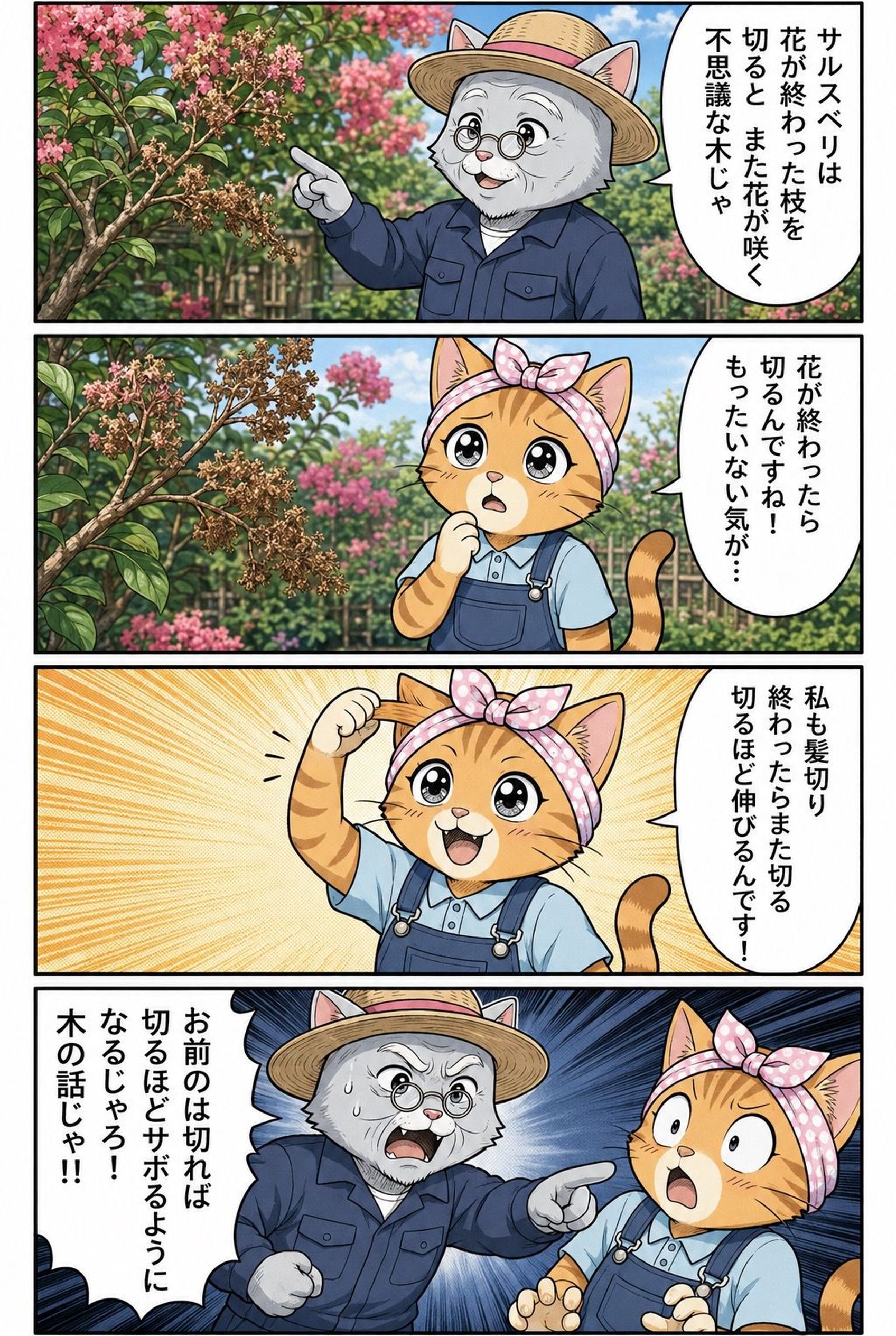 4コマ漫画:サルスベリの夏剪定を松之助と松葉が解説