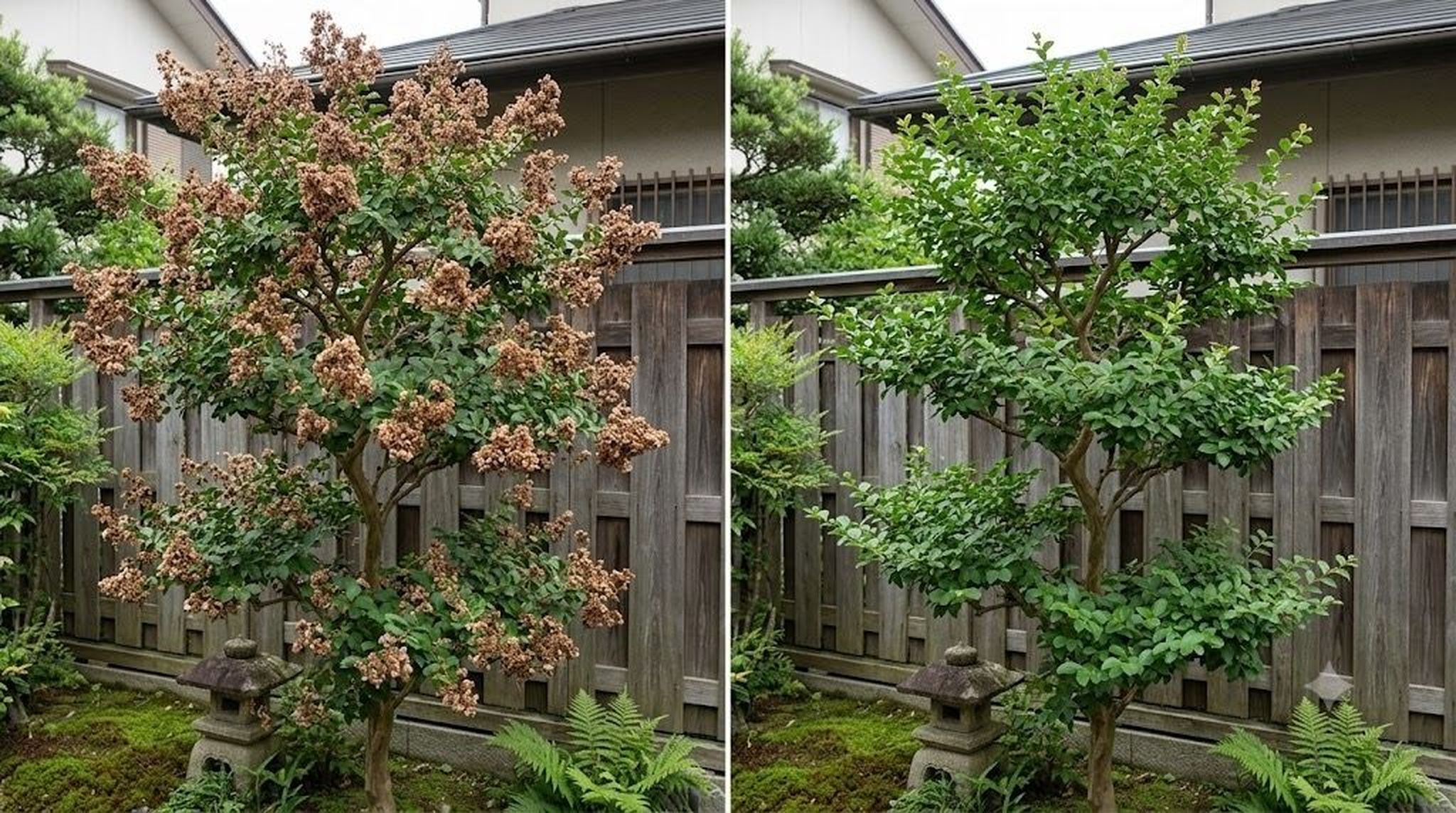 サルスベリの剪定前剪定後比較写真:花がらが残った状態から切り戻し後へ