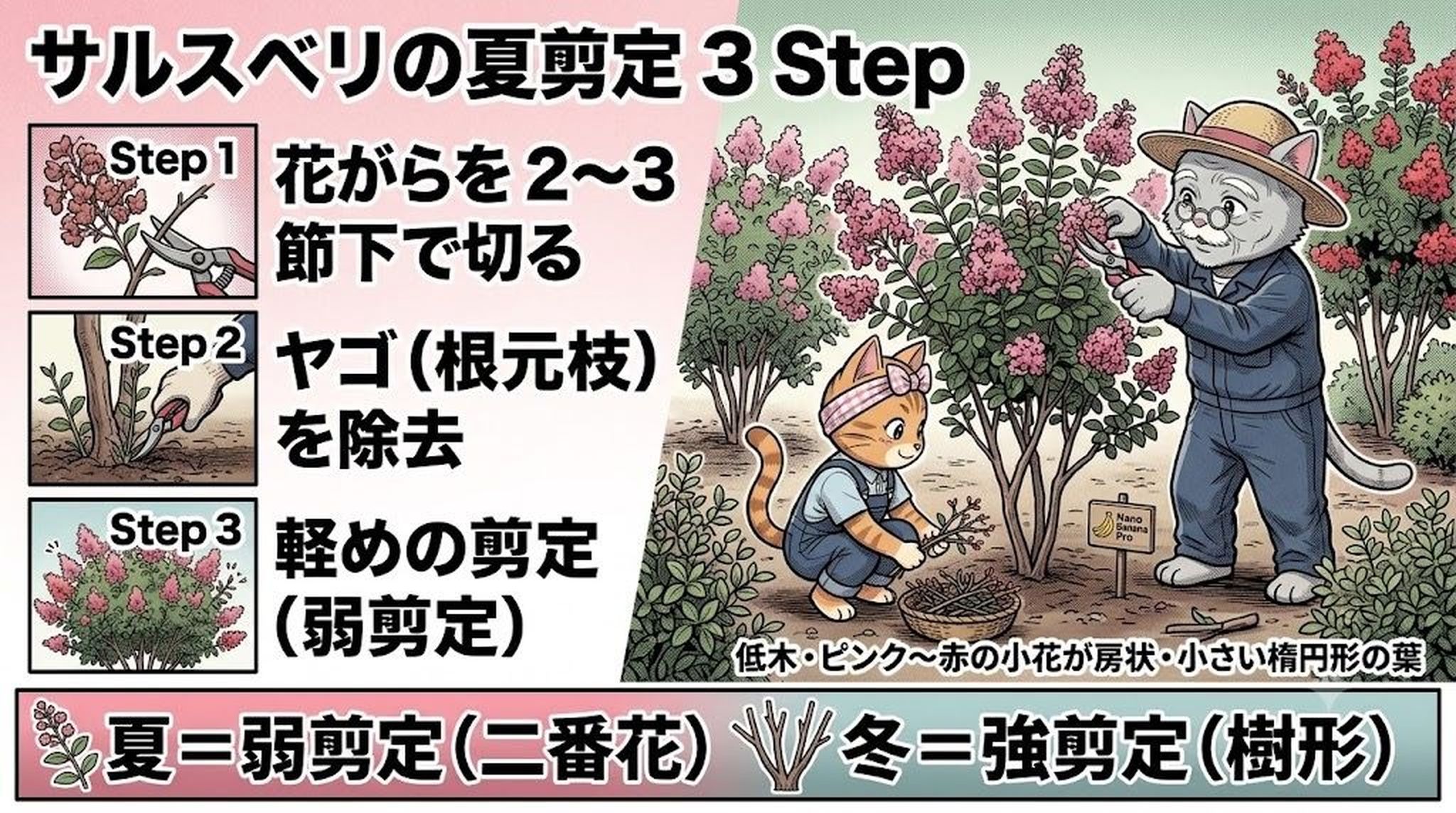 サルスベリ夏剪定3ステップと冬剪定との比較を図解したイラスト