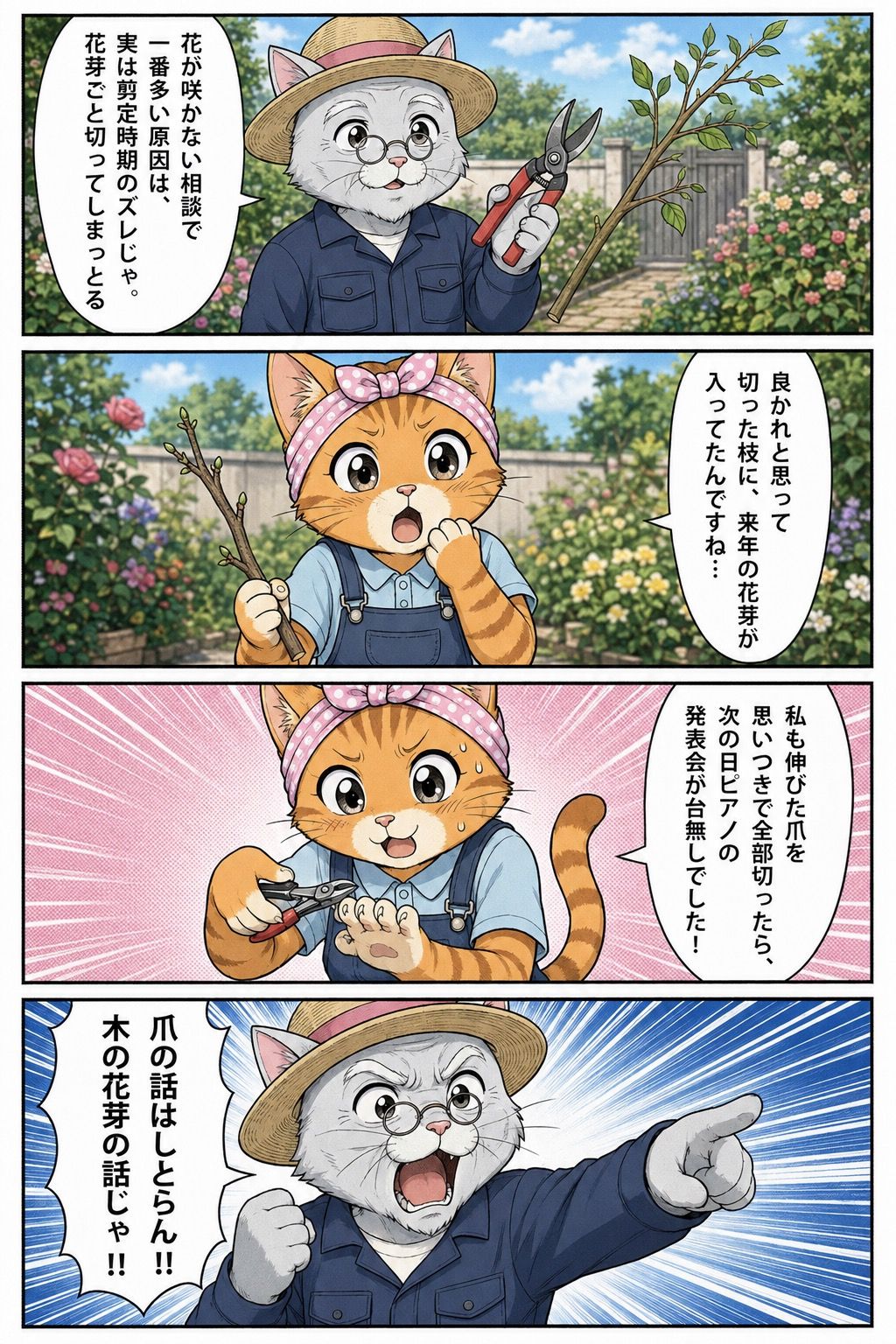 4コマ漫画：花が咲かない原因は剪定時期のズレだと松之助が松葉に説明する