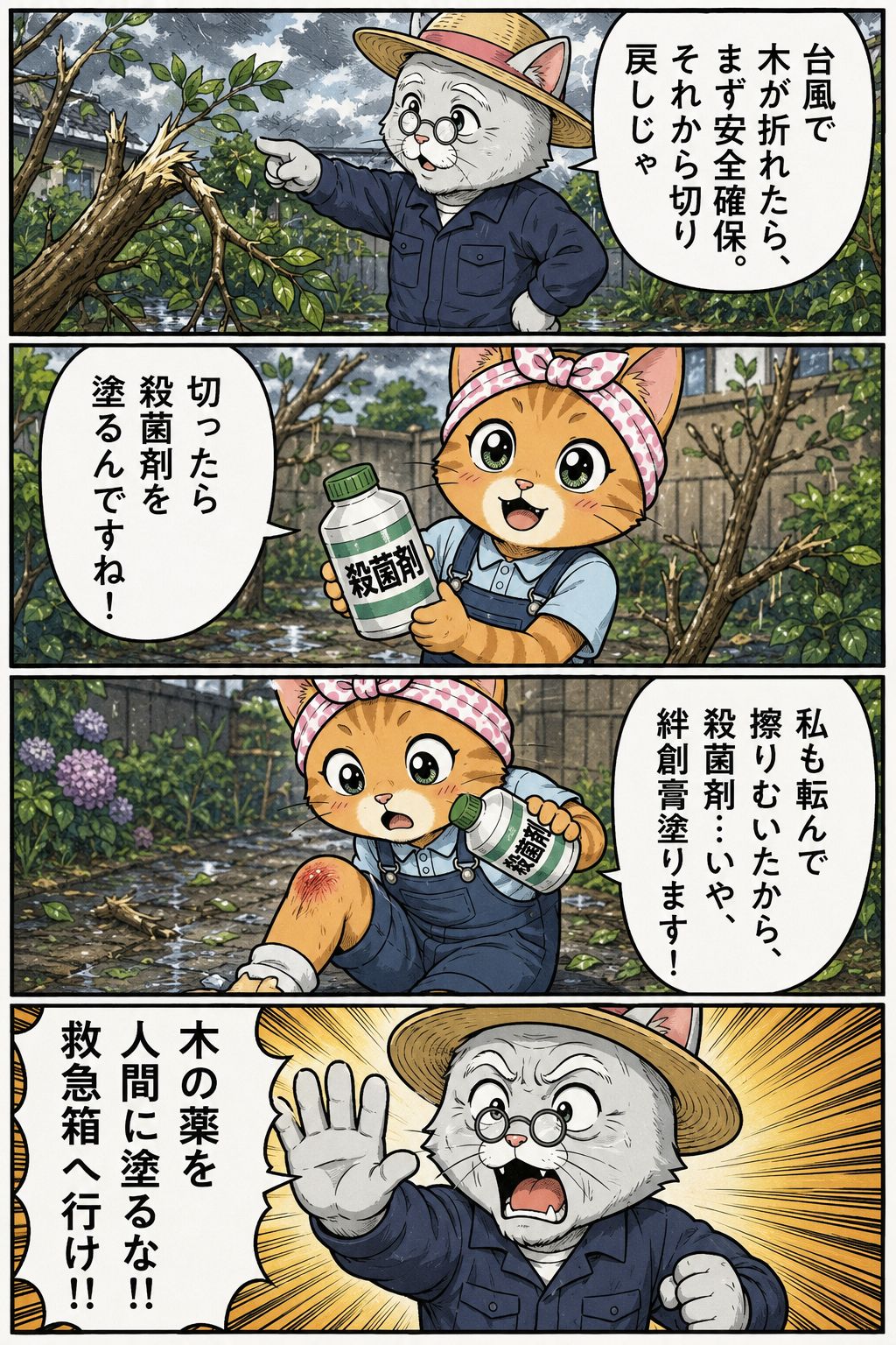4コマ漫画:台風後の庭木応急処置について松之助と松葉が解説