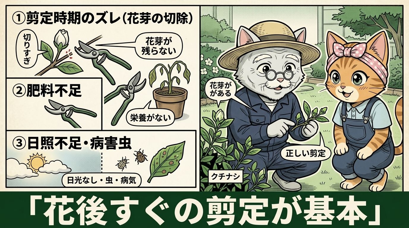 花が咲かない3つの原因（剪定時期・肥料・病害虫）を示す図解