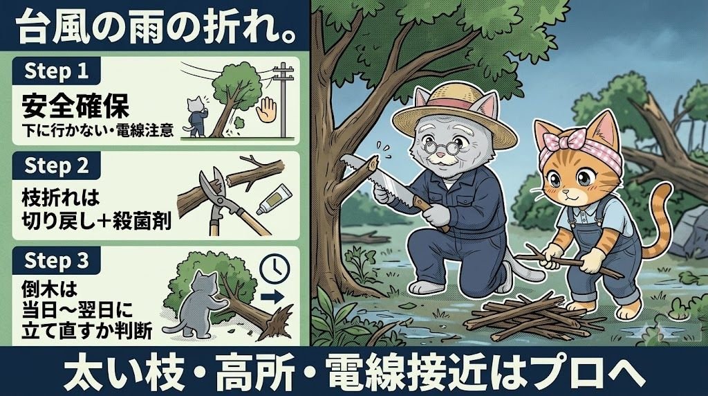 台風後の庭木応急処置3ステップ(安全確保→枝折れ処置→倒木判断)の図解