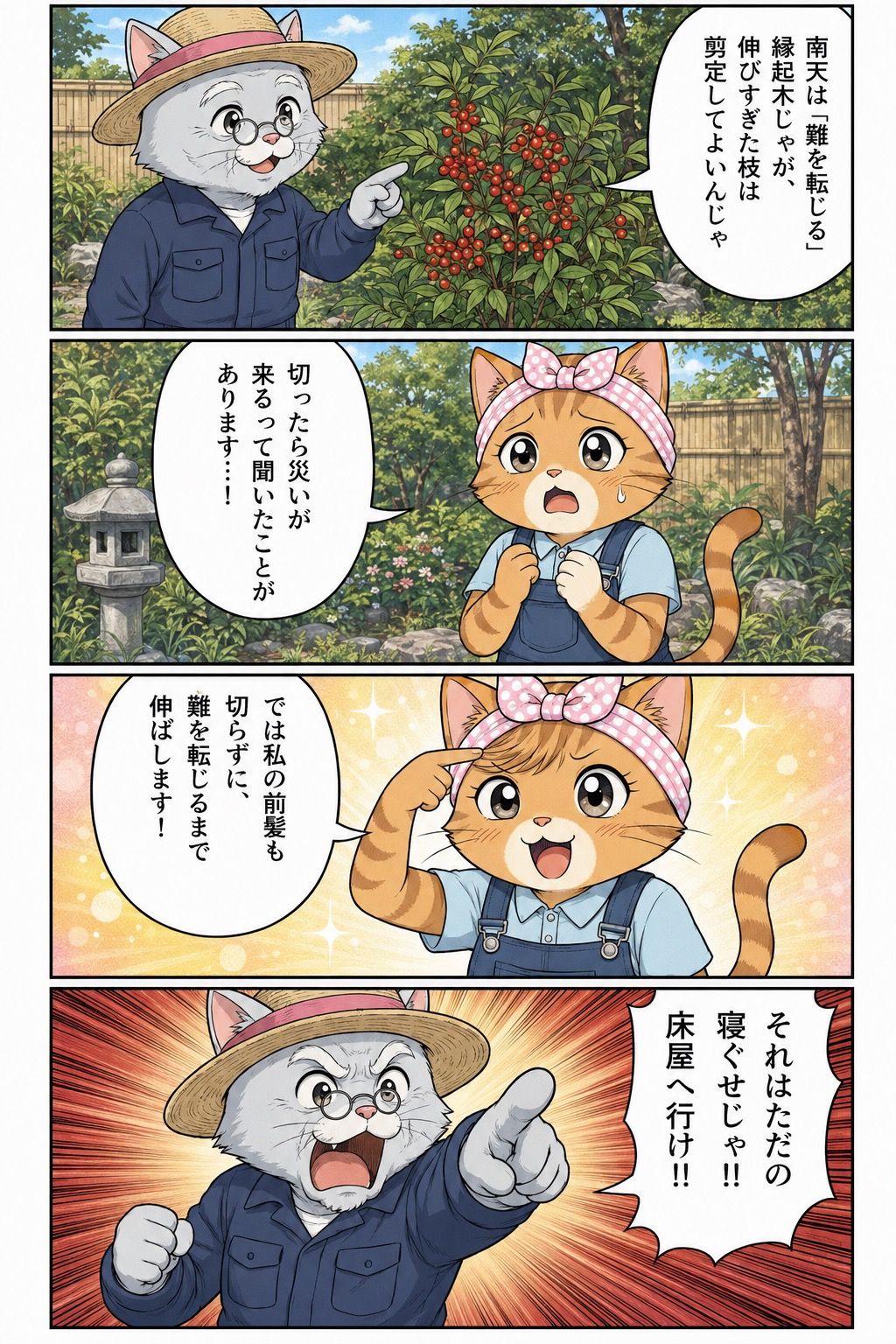 4コマ漫画：南天は剪定しても災いが起こるわけではないことを松之助と松葉が解説