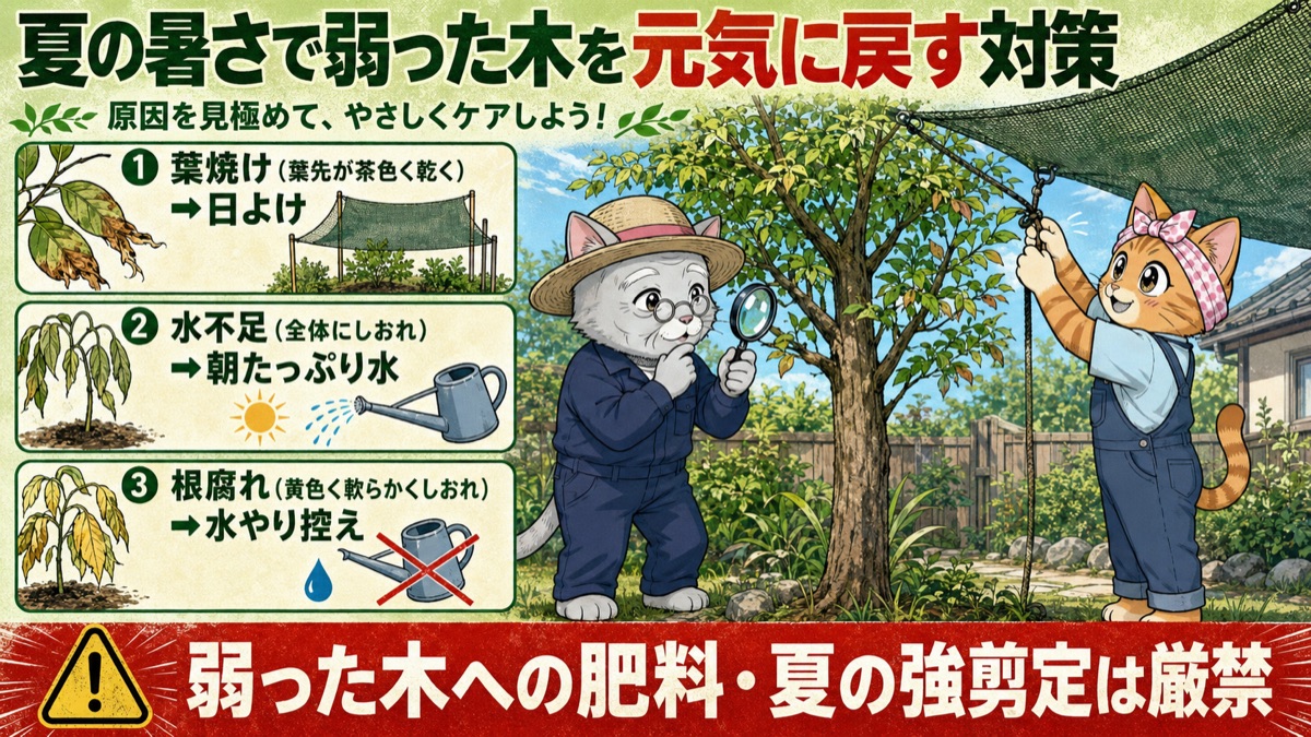 夏に庭木が弱る3パターン(葉焼け・水不足・根腐れ)の見極め図解