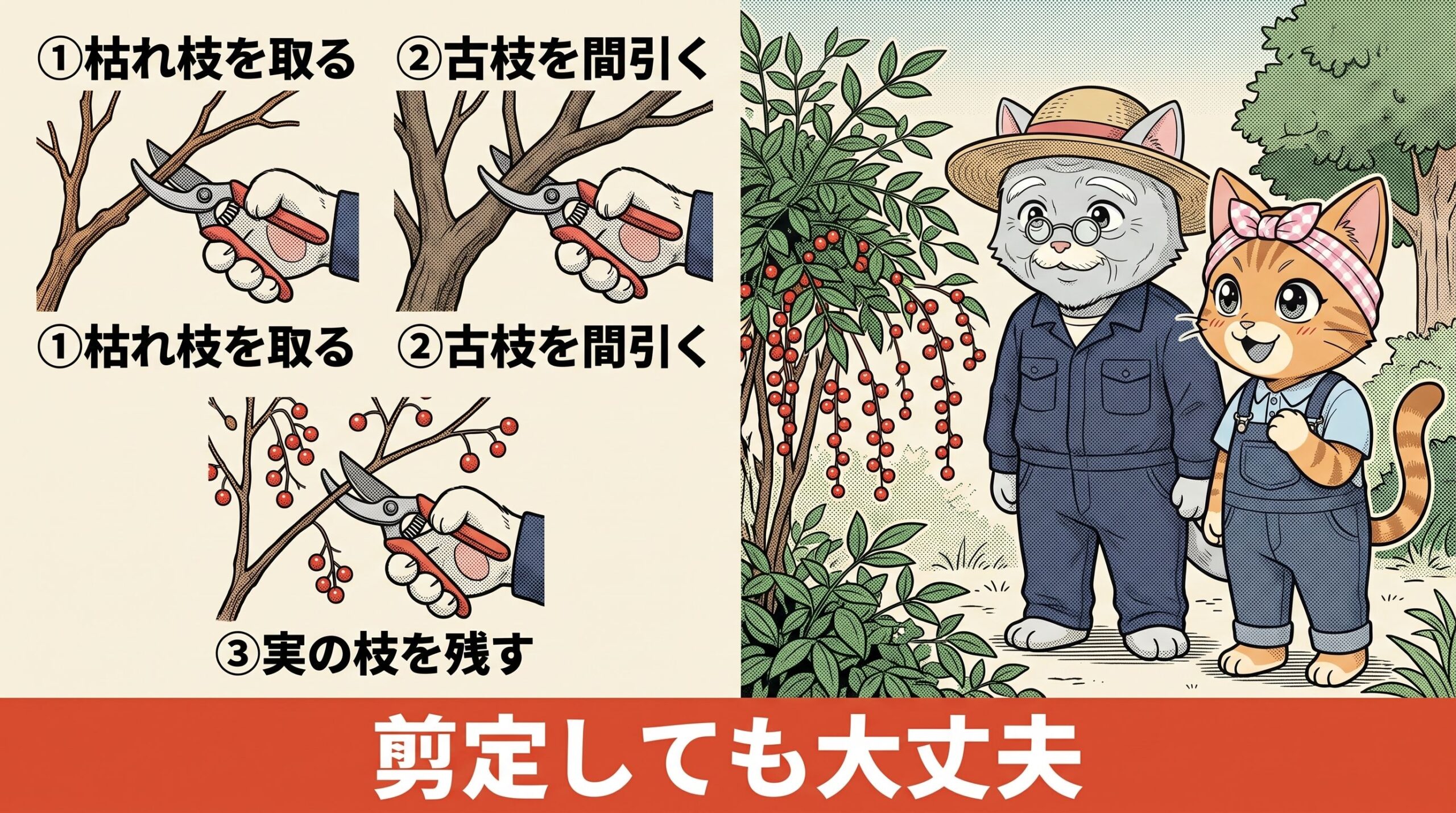南天の実を残す剪定3ステップを示す図解