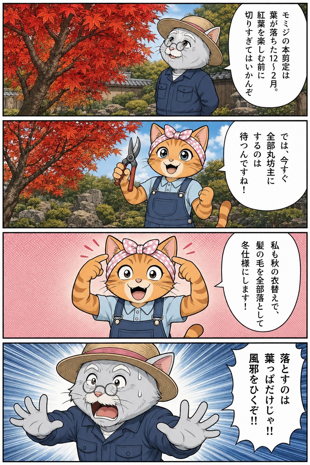 4コマ漫画:モミジの本剪定は葉が落ちた12〜2月に行うことを松之助と松葉が解説