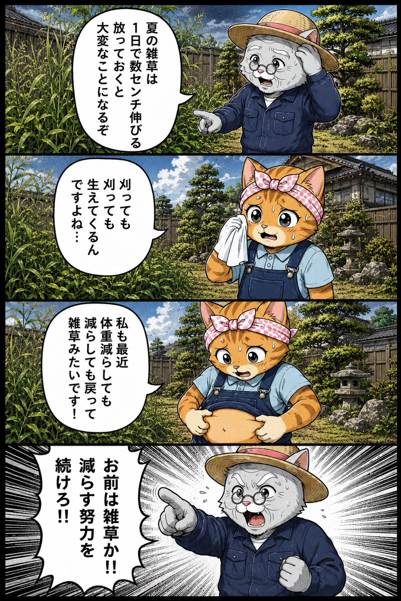 4コマ漫画：夏の雑草対策について松之助と松葉が解説