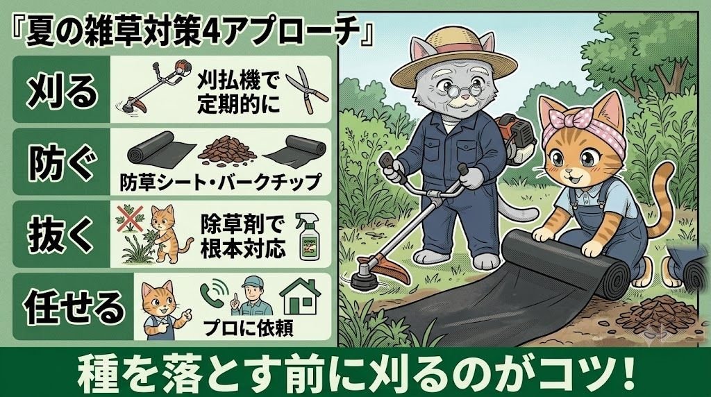 夏の雑草対策4アプローチ（刈る・防ぐ・抜く・任せる）の図解