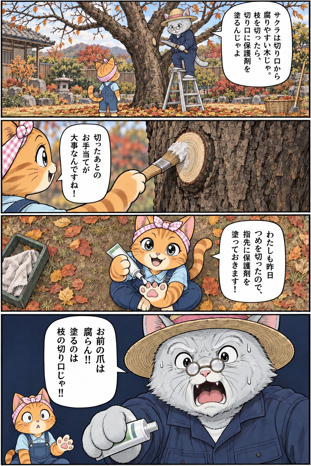 4コマ漫画：サクラは枝を切ったら切り口に保護剤を塗ると松之助が松葉に説明する