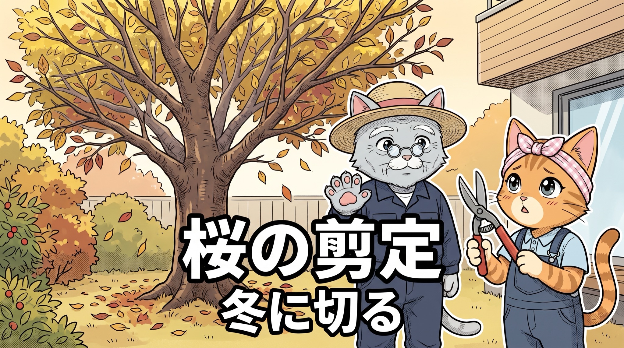 葉が色づいたサクラの前で剪定時期を松之助と松葉が解説する秋の庭