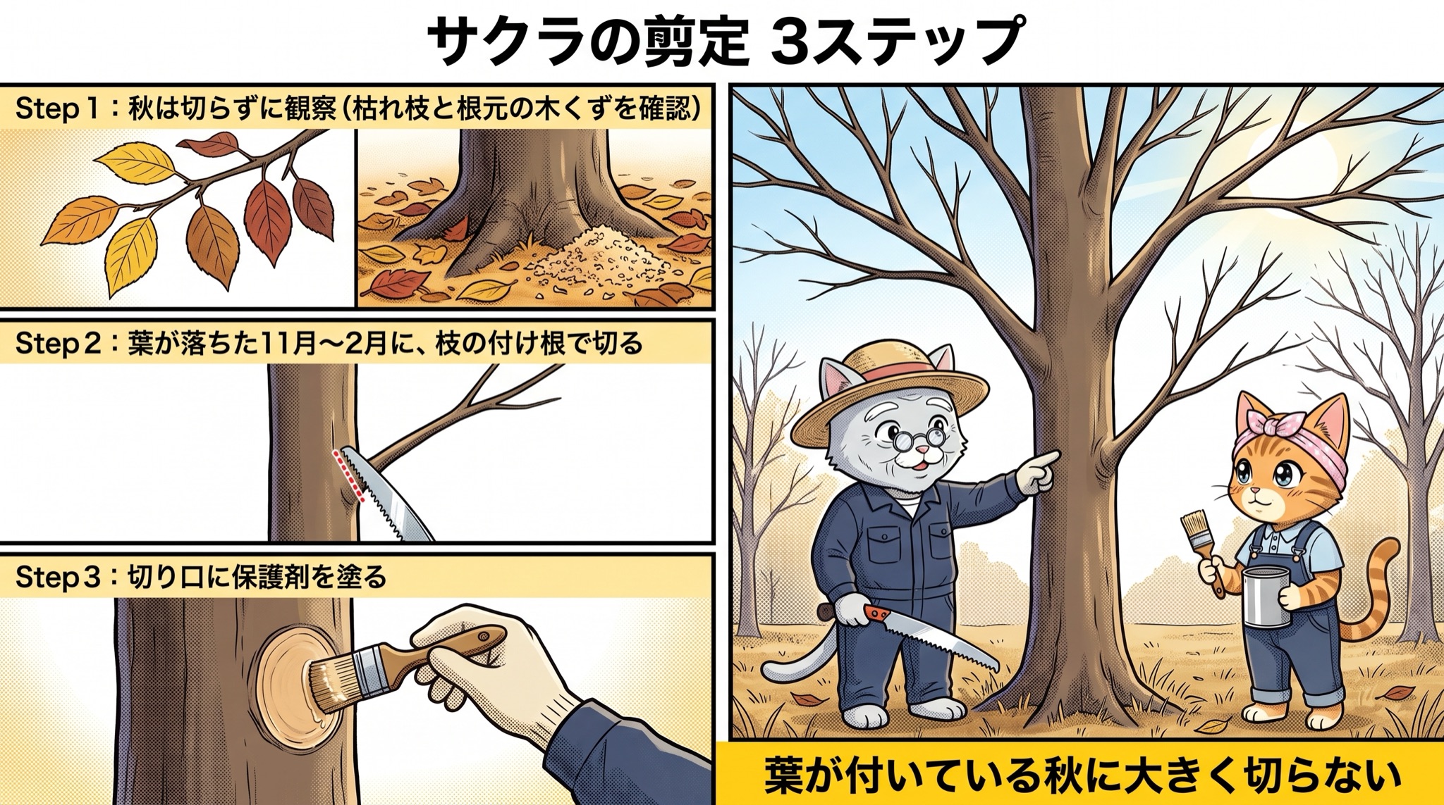 サクラの剪定3ステップ（秋は切らずに観察・落葉後の11月〜2月に枝の付け根で切る・切り口に保護剤を塗る）の図解