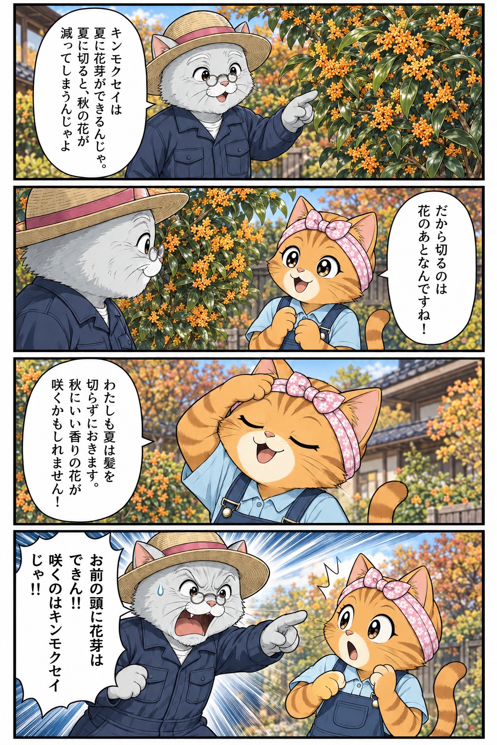 4コマ漫画：キンモクセイは夏に花芽ができるので、切るのは花のあとだと松之助が松葉に説明する