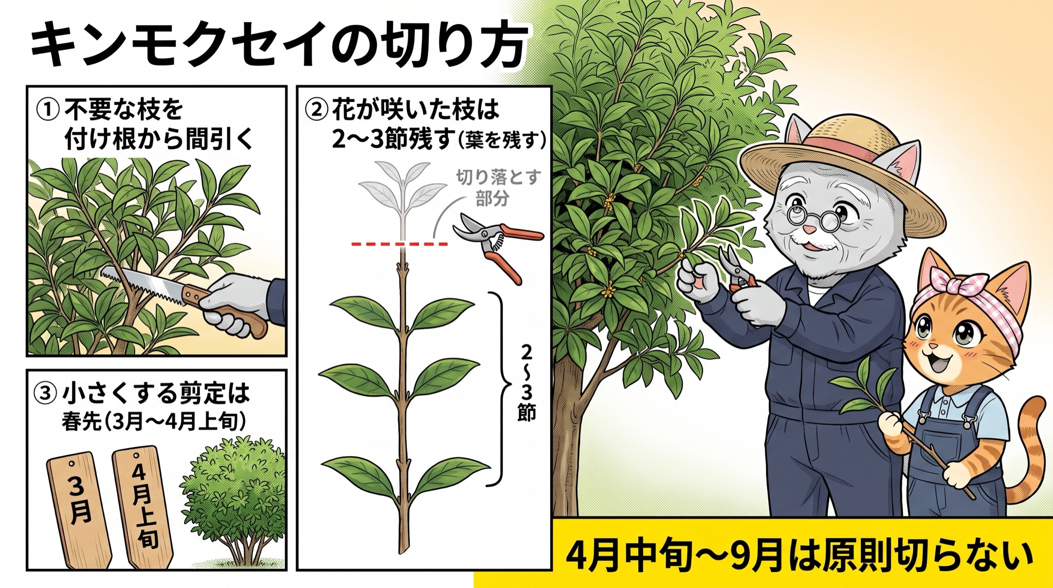 キンモクセイの切り方3ステップ（不要な枝を付け根から間引く・花が咲いた枝は2〜3節残す・小さくする剪定は春先）の図解