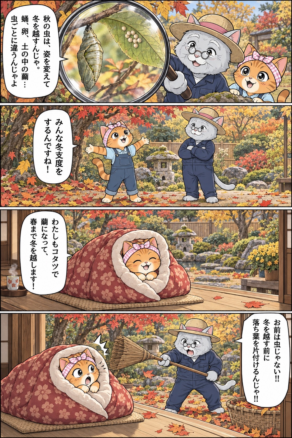 4コマ漫画：秋の虫は蛹・卵・繭など姿を変えて冬を越すと松之助が松葉に説明する