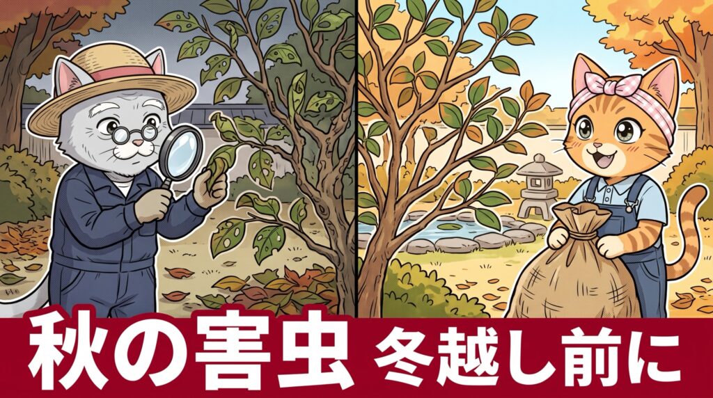 秋の庭木の害虫を冬越し前に点検する松之助と松葉