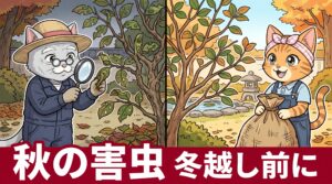 秋の庭木の害虫を冬越し前に点検する松之助と松葉