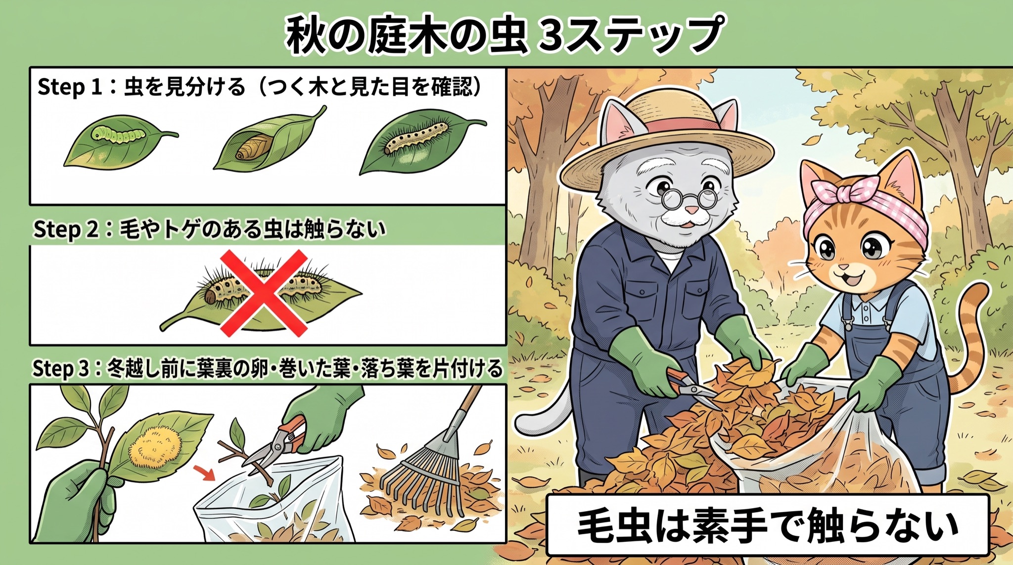 秋の庭木の虫3ステップ（虫を見分ける・毛やトゲのある虫は触らない・冬越し前に葉裏の卵や巻いた葉、落ち葉を片付ける）の図解